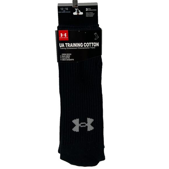 Under Armour Men’s Training Cotton Socks 3 Pairs Crew Black Shoe Size 12 –16 NWT - Picture 1 of 13